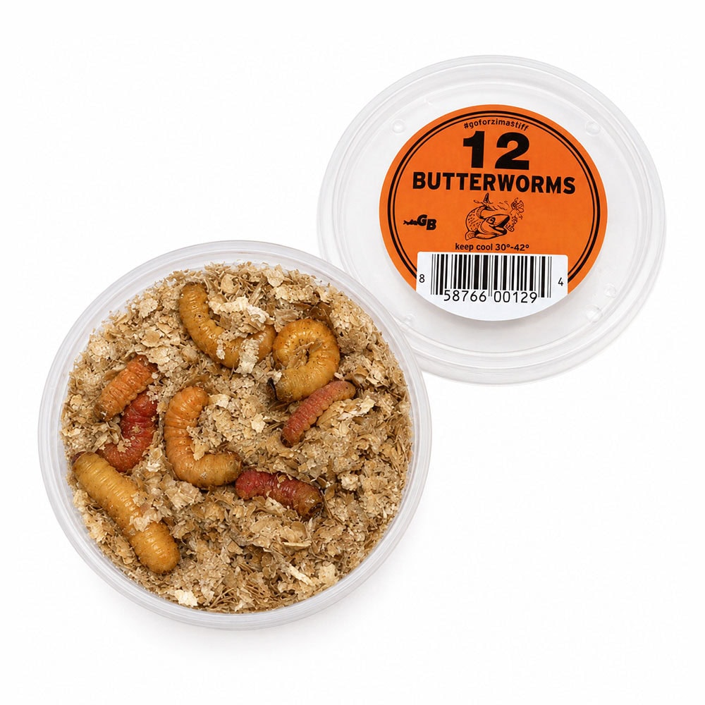 A clear plastic container filled with 12 live butterworms, used as nutritious reptile bait and feeder insects, with a separate lid displaying product information and barcode.