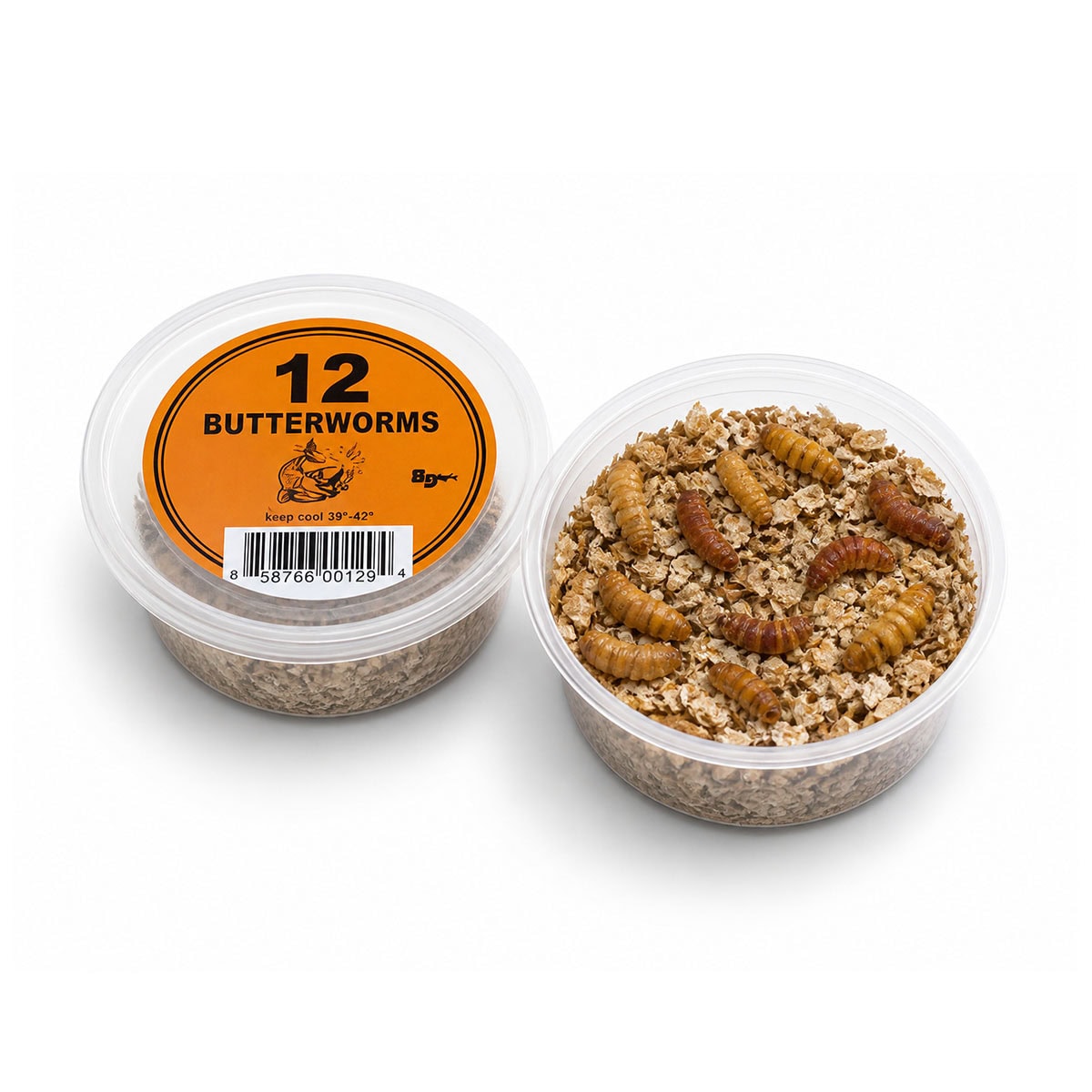 A clear plastic container filled with butterworms, a popular fishing bait, labeled "12 Butterworms" with a barcode and storage instructions, on a white background.