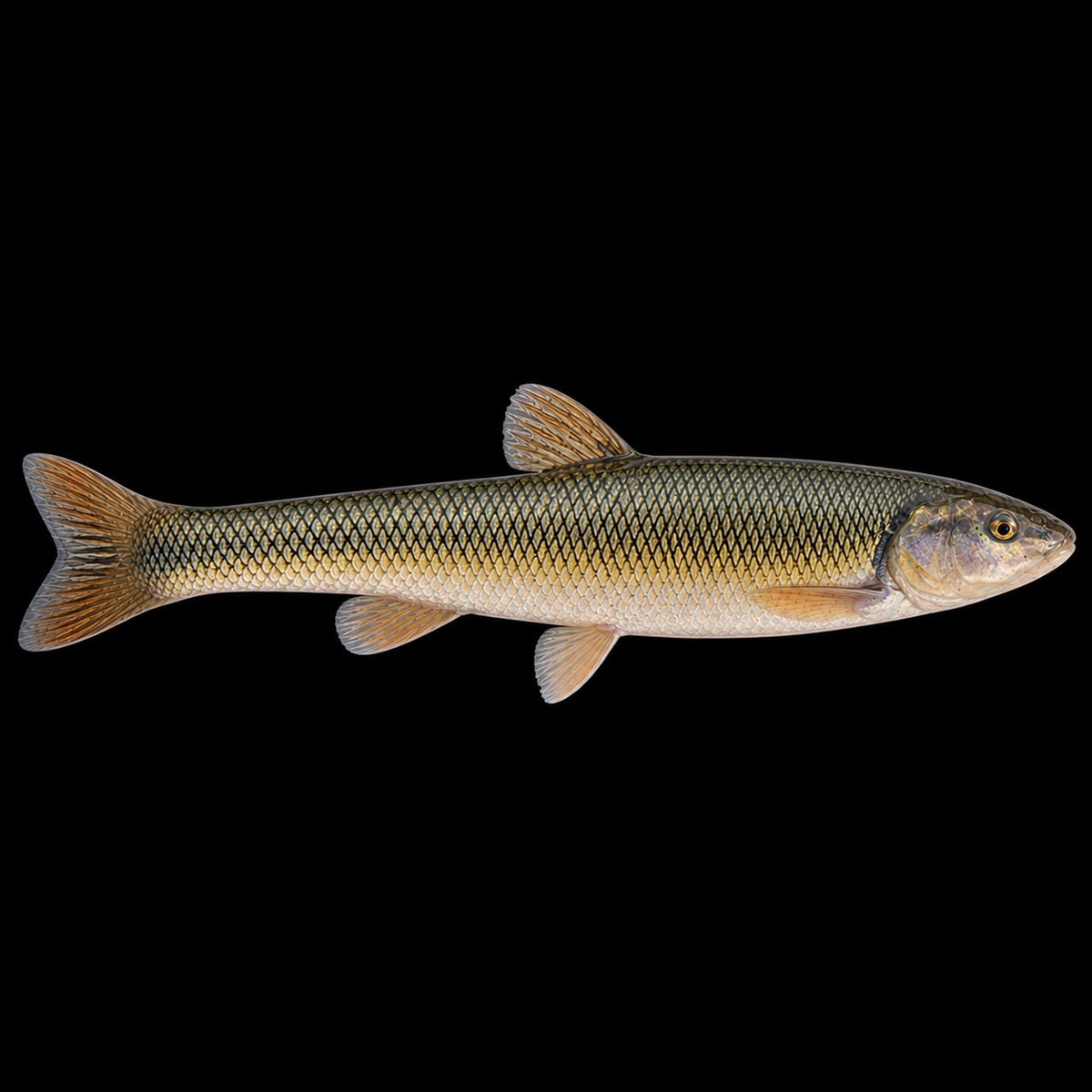 A detailed image of a freshwater fish with a slender body, golden scales, and fins, set against a black background, ideal for aquatic life, fishing, and marine biology content.