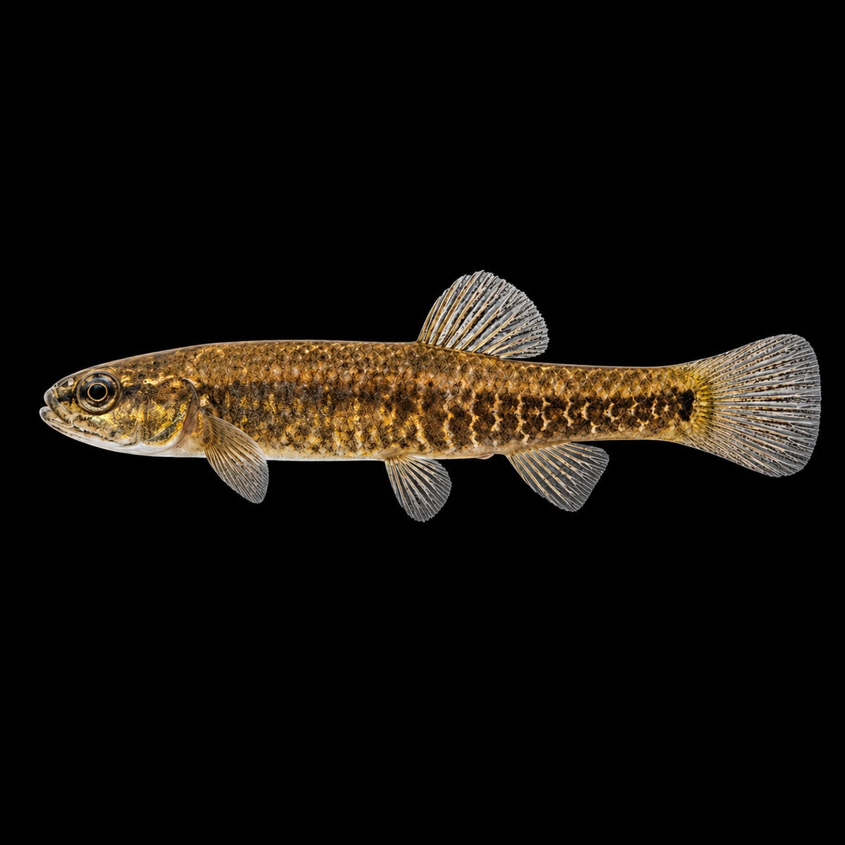 A small freshwater fish with a slender body, distinctive markings, and transparent fins, displayed on a black background for clear visibility.