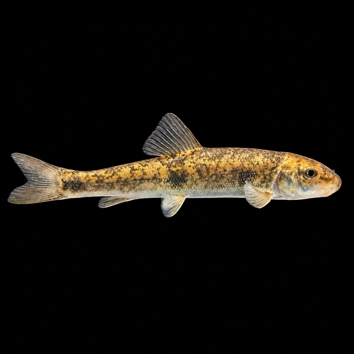 A detailed image of a smallmouth bass fish with mottled brown and yellow coloring, swimming against a black background, showcasing its fins and streamlined body for aquatic life and fishing enthusiast.