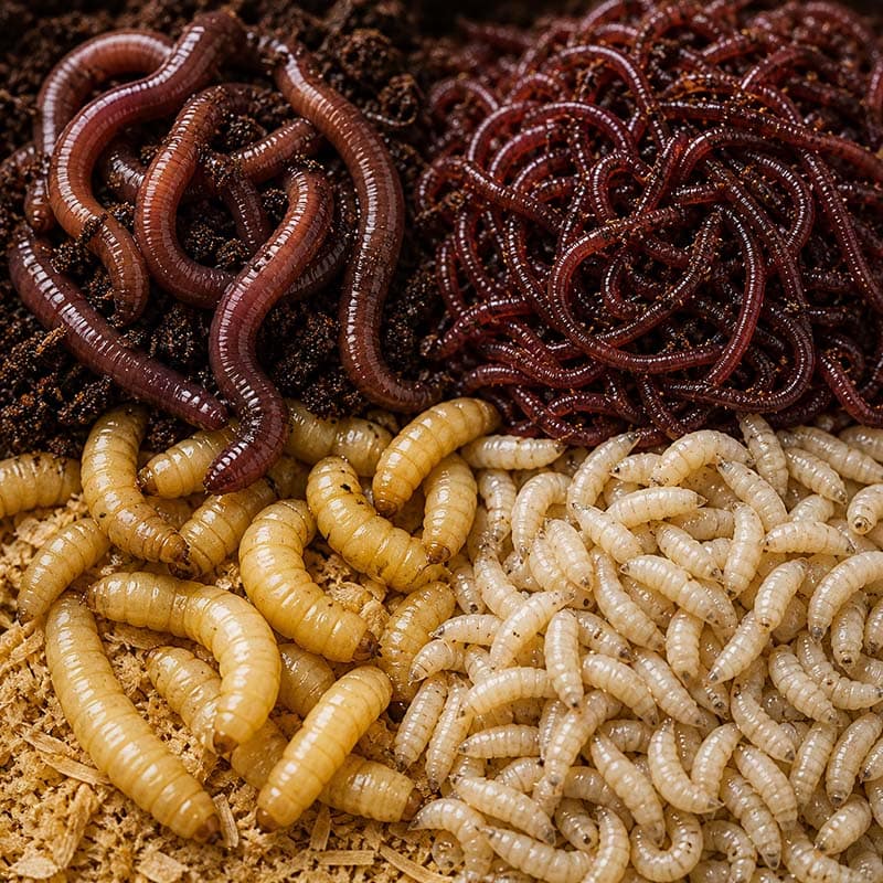 Close-up of various earthworms, including red, brown, and beige, showcasing their segmented bodies and natural habitat for fishing bait or soil health.